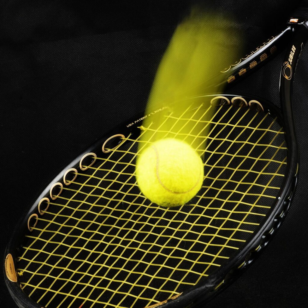 tennis, racket, ball, tennis ball, background, black background, beautiful wallpaper, moving ball
